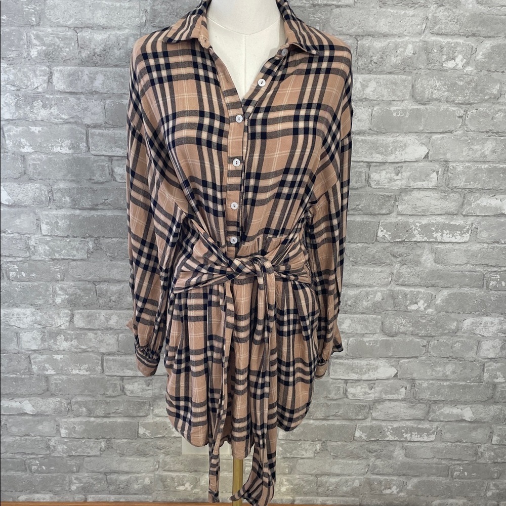 Vici Touch of Plaid Shirt Dress in Tan and Navy